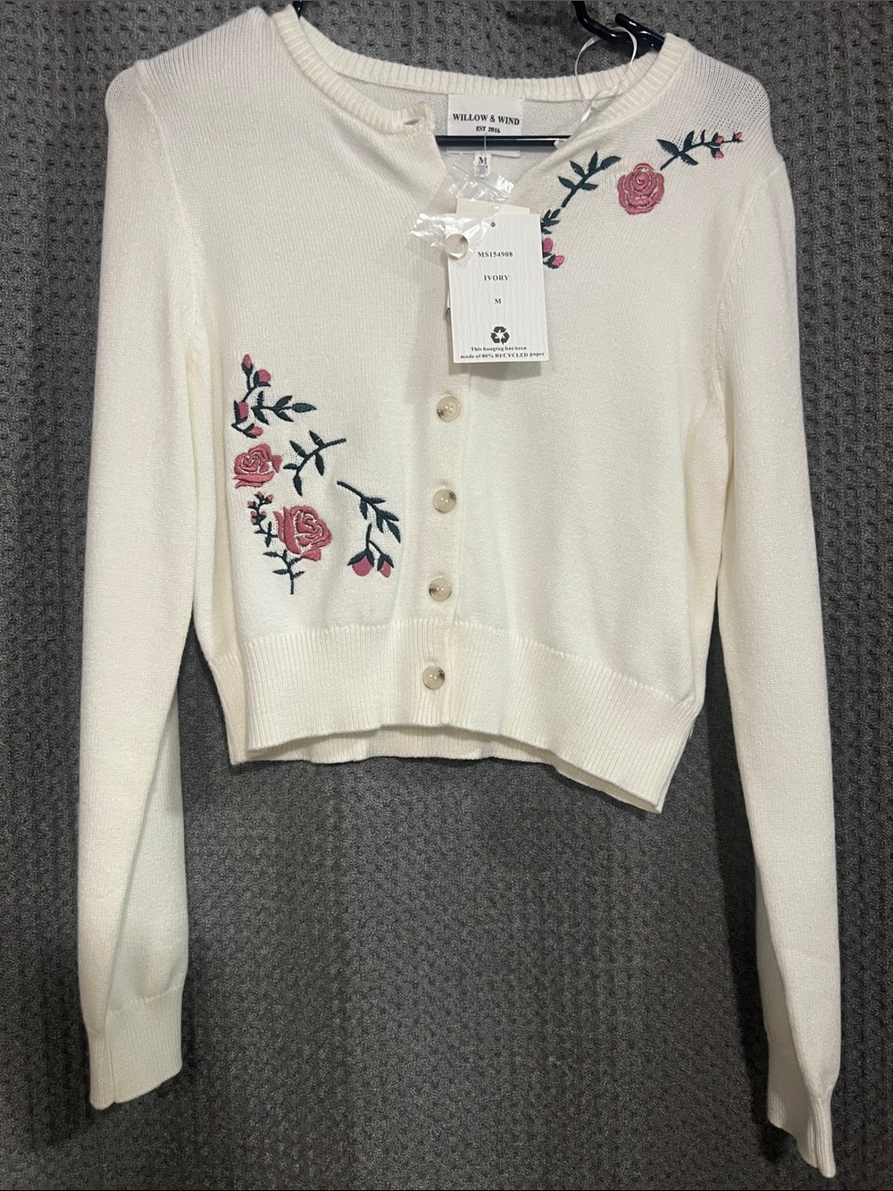 Willow & Wind Ivory Floral Embroidered Cropped Cardigan